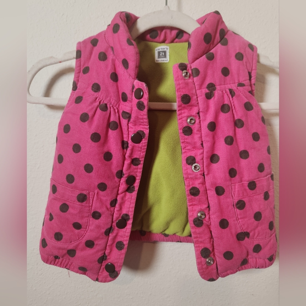 Carter's Little Girl's Corduroy Pink Green Polka Dots Fleece Lined Vest Pockets